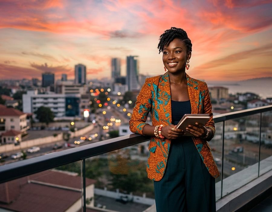 Une entrepreneuse en veste wax sur une terrasse dominant la ville au crépuscule