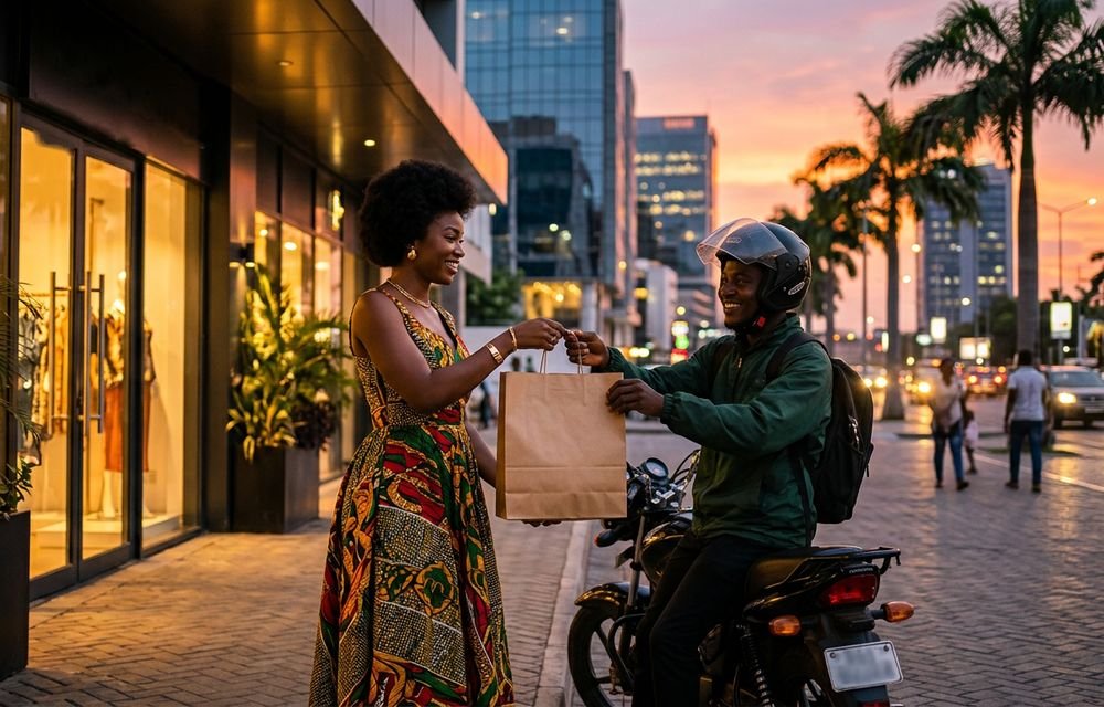 Une commerçante remet une commande à un livreur à moto devant sa boutique