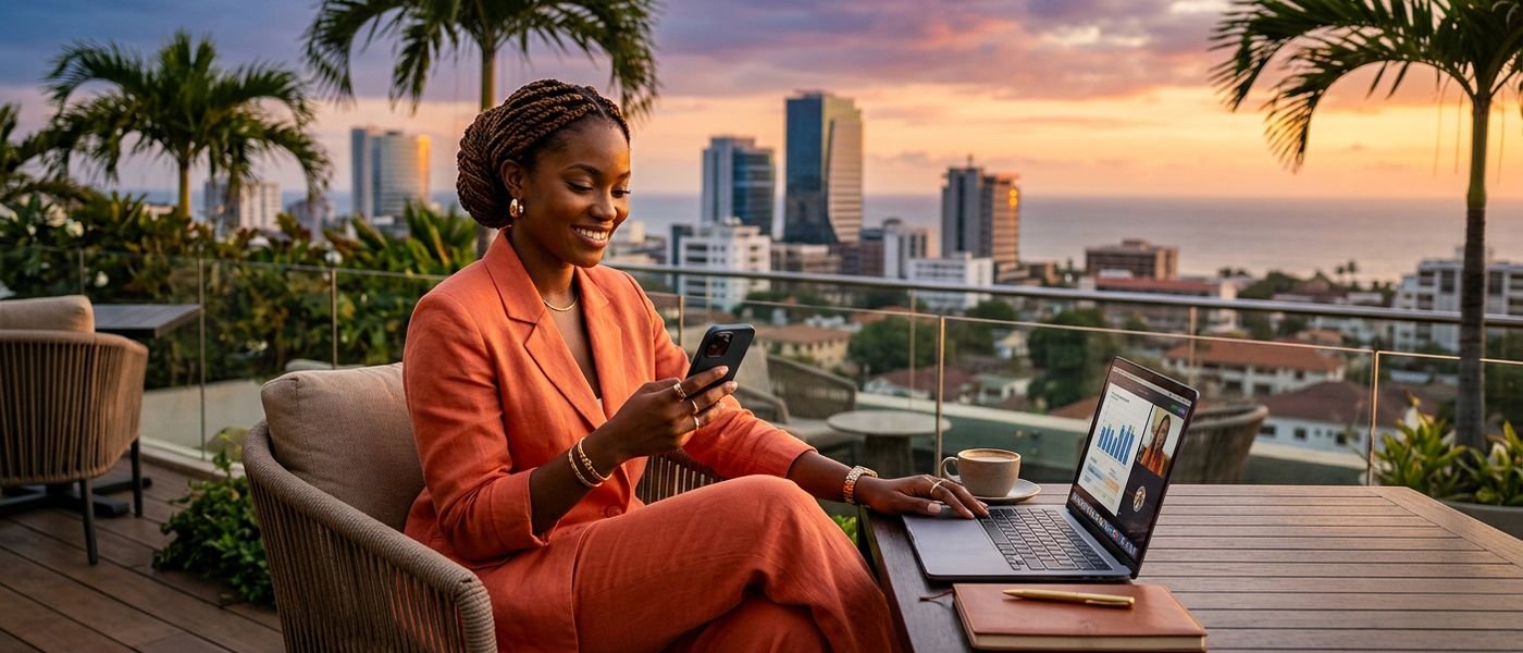 Une entrepreneuse suit les résultats de sa boutique sur ordinateur et téléphone depuis un rooftop